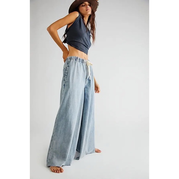 Free People We The Free Clover Wide-Leg Solid Jeans Whimsy Blue - Picture 2 of 9